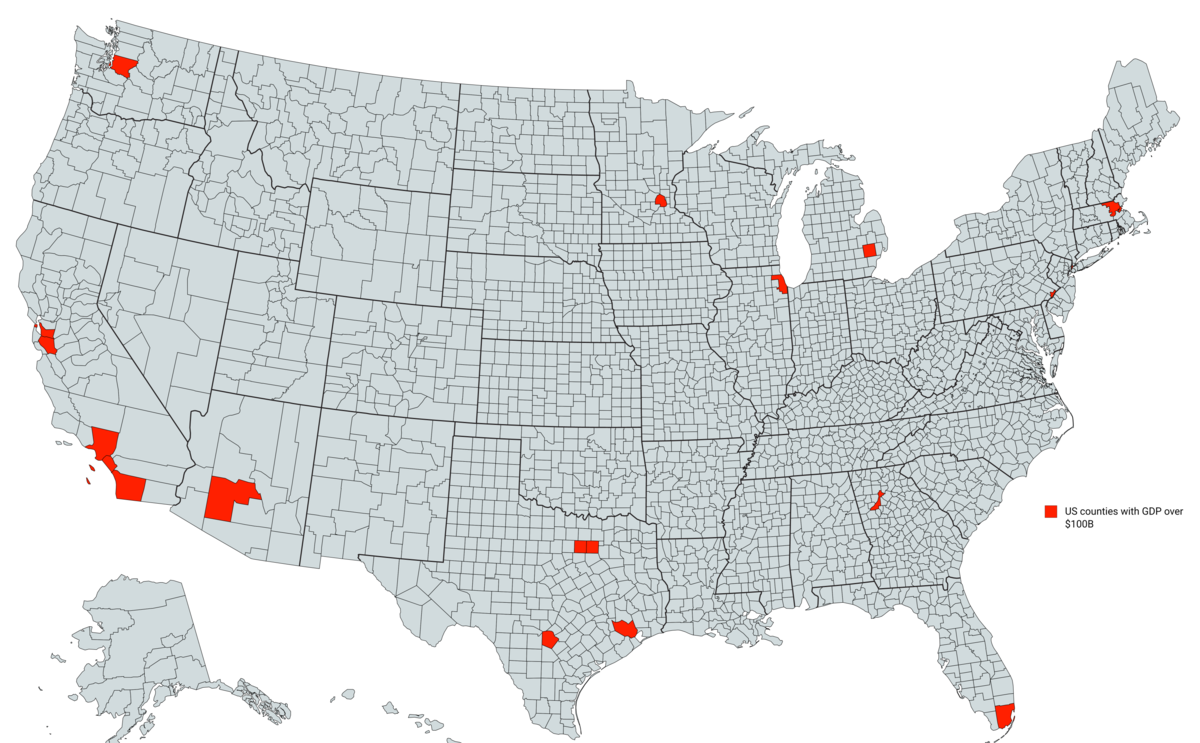 Counties With A Gross Domestic Product Of More Than $100 Billion